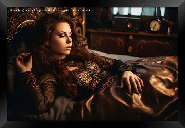 An attractive female steampunk woman cyborg laying on a bed crea Framed Print by Michael Piepgras