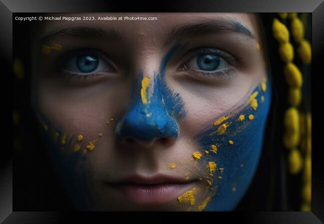 Close up of a female face with ukrainian colors created with gen Framed Print by Michael Piepgras
