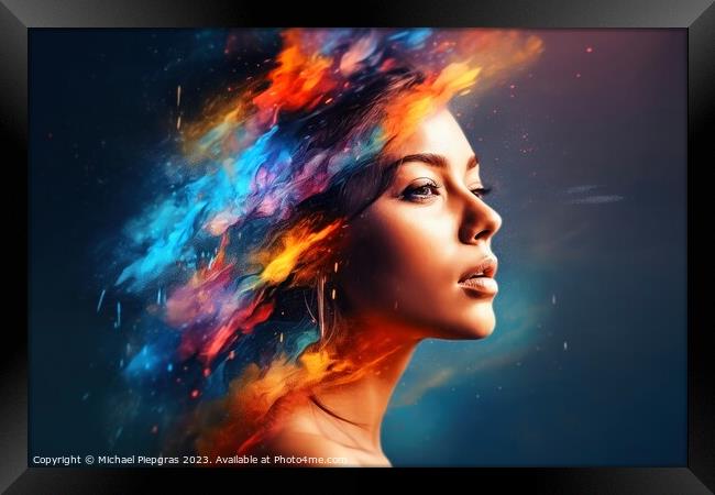 Portrait of a beautiful woman with colorful splashes created wit Framed Print by Michael Piepgras