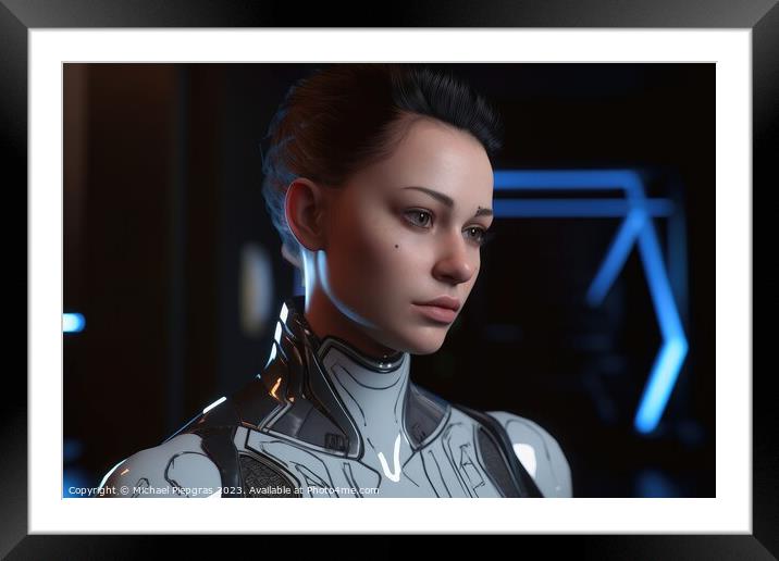 Futuristic female android with cybord technology created with ge Framed Mounted Print by Michael Piepgras