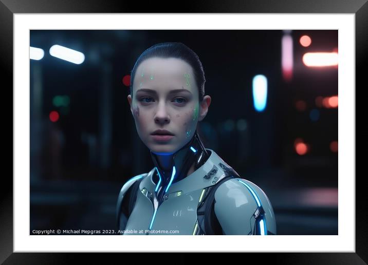 Futuristic female android with cybord technology created with ge Framed Mounted Print by Michael Piepgras