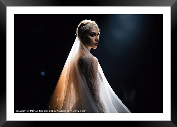 Gorgeous woman wearing a thin translucent silk veil on the catwa Framed Mounted Print by Michael Piepgras