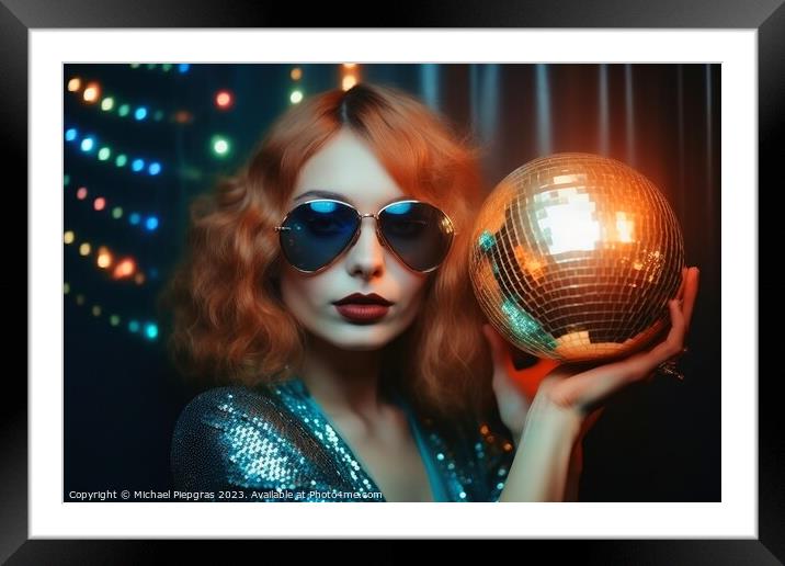 Young woman in an 80s disco outfit created with generative AI te Framed Mounted Print by Michael Piepgras