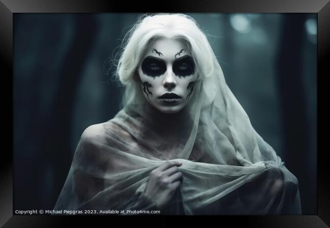 A creepy woman with a dark spooky make up created with generativ Framed Print by Michael Piepgras