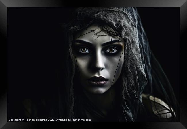 A creepy woman with a dark spooky make up created with generativ Framed Print by Michael Piepgras