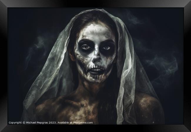 A creepy woman with a dark spooky make up created with generativ Framed Print by Michael Piepgras