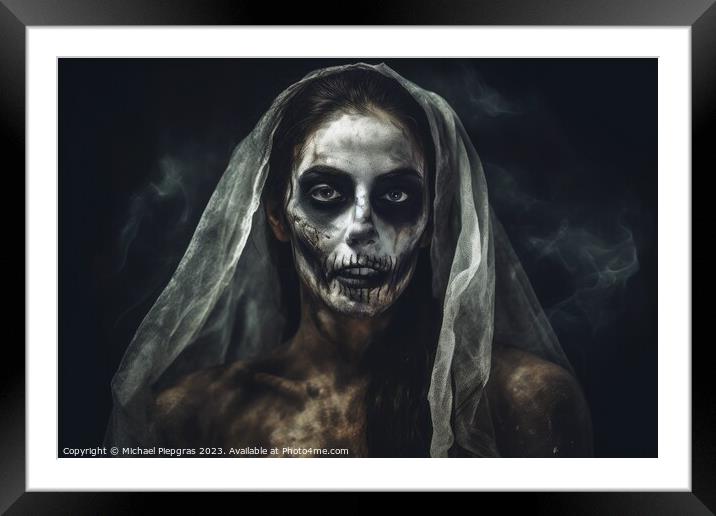 A creepy woman with a dark spooky make up created with generativ Framed Mounted Print by Michael Piepgras