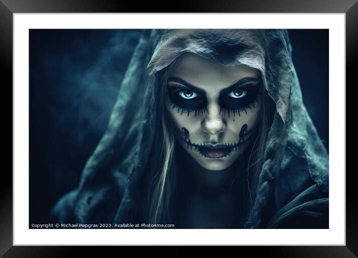 A creepy woman with a dark spooky make up created with generativ Framed Mounted Print by Michael Piepgras