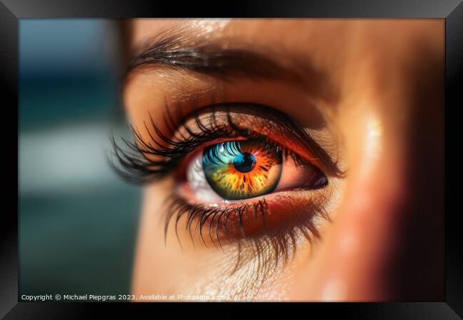 Close up of a female eye with a tropical beach background create Framed Print by Michael Piepgras