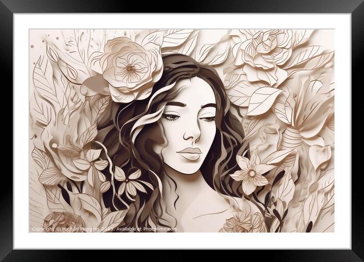Portrait of a beautiful woman in paper style created with genera Framed Mounted Print by Michael Piepgras