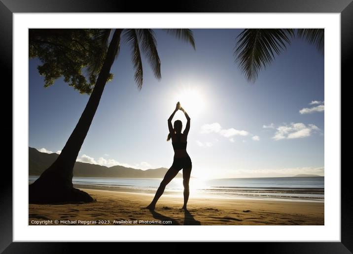 A young woman does yoga in the sun at a tropical beach created w Framed Mounted Print by Michael Piepgras