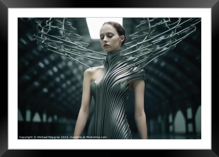 A woman wearing an elegant dress made of steel created with gene Framed Mounted Print by Michael Piepgras