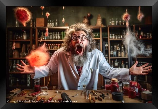 A crazy physicist at work in his laboratory created with generat Framed Print by Michael Piepgras