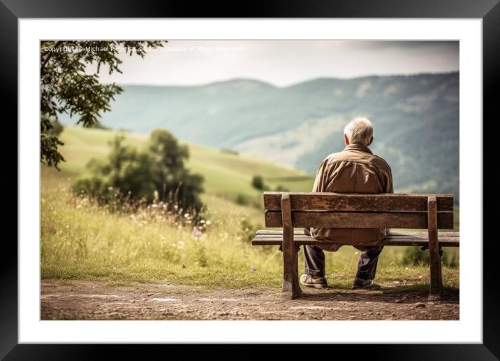 A lonely retired man on a bench created with generative AI techn Framed Mounted Print by Michael Piepgras