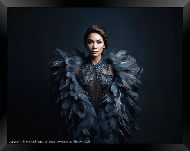 A woman wearing an elegant dress made of feathers created with g Framed Print by Michael Piepgras