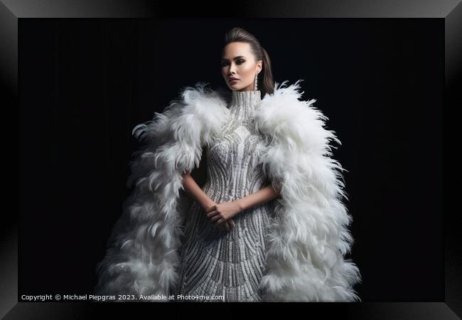 A woman wearing an elegant dress made of feathers created with g Framed Print by Michael Piepgras