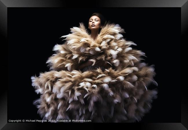 A woman wearing an elegant dress made of feathers created with g Framed Print by Michael Piepgras