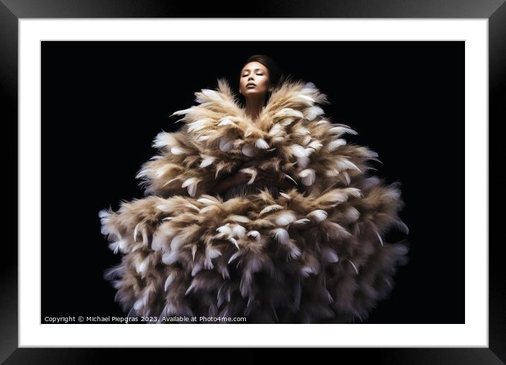 A woman wearing an elegant dress made of feathers created with g Framed Mounted Print by Michael Piepgras