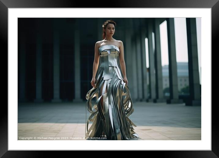 A woman wearing an elegant dress made of steel created with gene Framed Mounted Print by Michael Piepgras