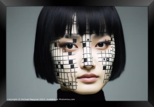 A woman with a cubic face make up created with generative AI tec Framed Print by Michael Piepgras