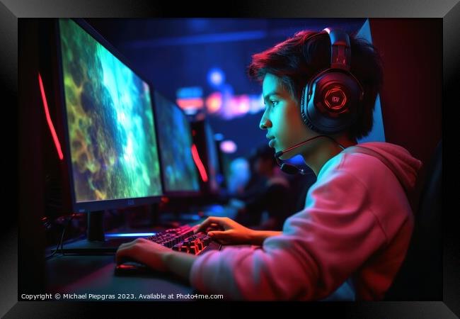 A young person sits at a gaming PC and plays a game created with Framed Print by Michael Piepgras
