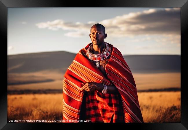 An african Masai in traditional robes created with Framed Print by Michael Piepgras
