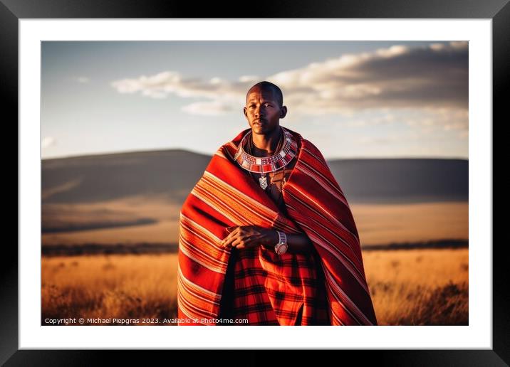 An african Masai in traditional robes created with Framed Mounted Print by Michael Piepgras