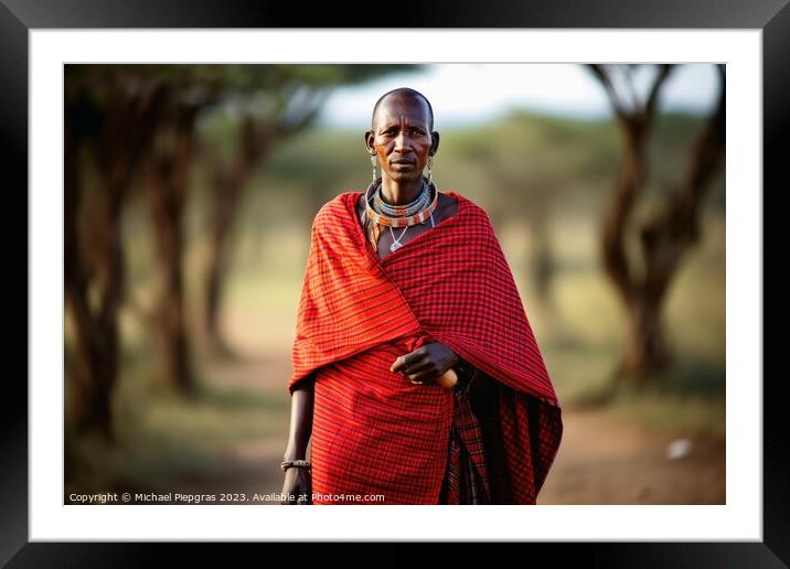 An african Masai in traditional robes created with Framed Mounted Print by Michael Piepgras