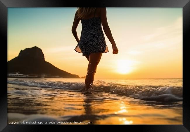 An attractive Woman at a beach during sunset created with genera Framed Print by Michael Piepgras