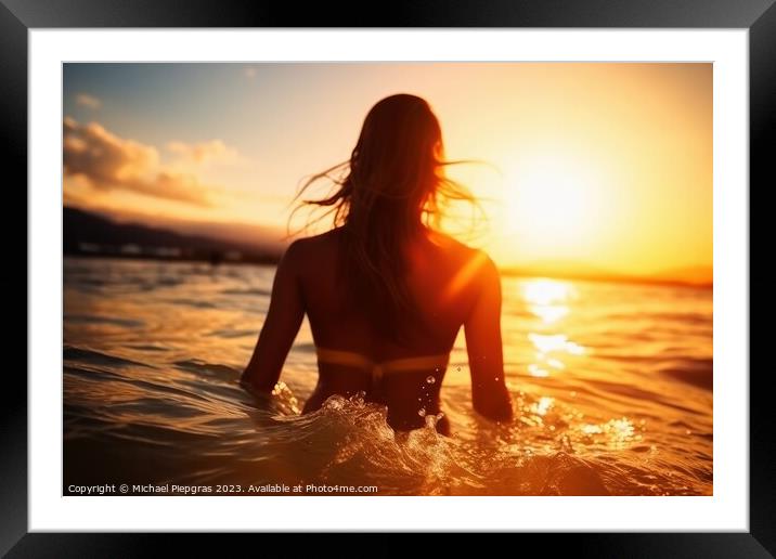 An attractive Woman at a beach during sunset created with genera Framed Mounted Print by Michael Piepgras