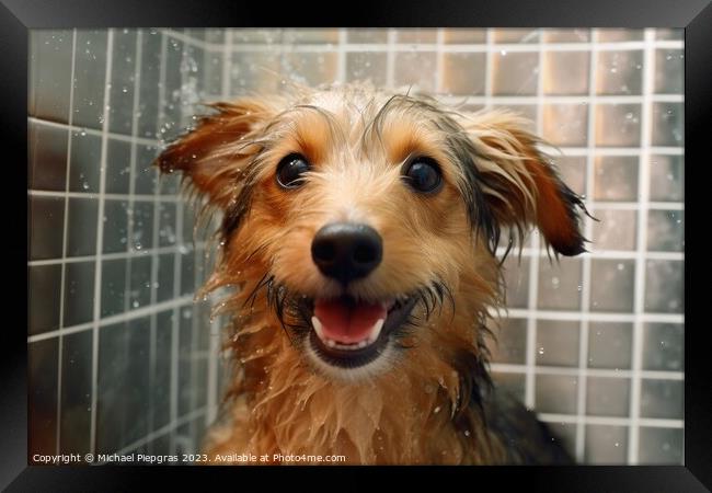 A dog in the shower created with generative AI technology. Framed Print by Michael Piepgras