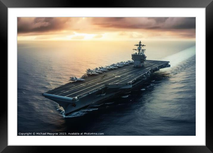 A military aircraft carrier ship created with generative AI tech Framed Mounted Print by Michael Piepgras