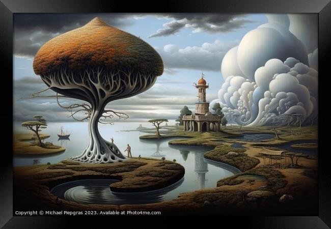 A surreal artwork of humans and landscapes created with generati Framed Print by Michael Piepgras