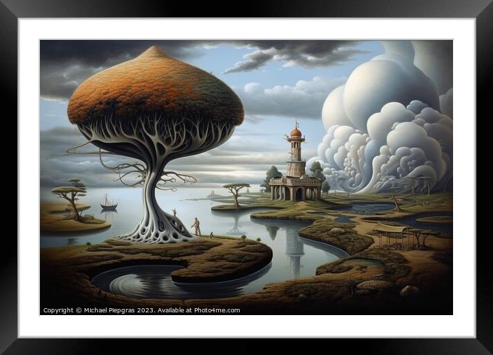 A surreal artwork of humans and landscapes created with generati Framed Mounted Print by Michael Piepgras