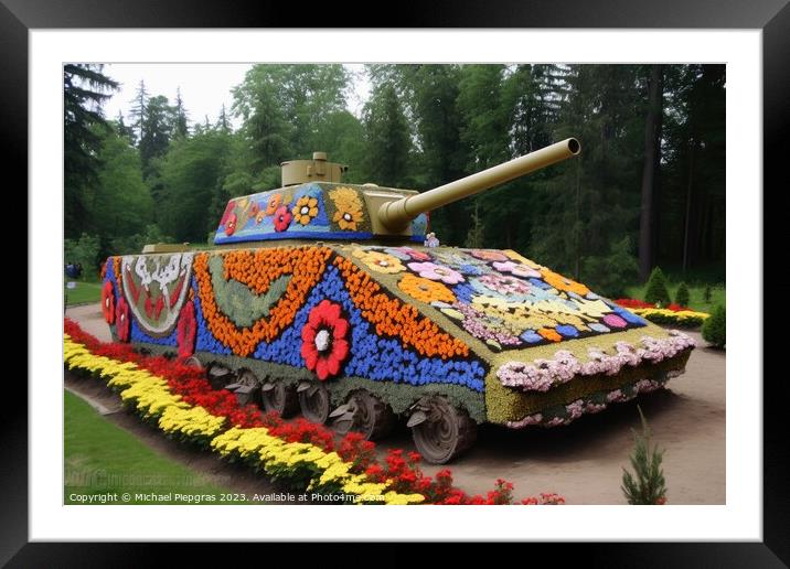 A tank on which many colourful flowers grow created with generat Framed Mounted Print by Michael Piepgras