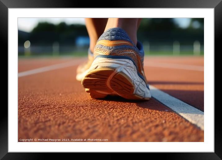 Close up of a human sport shoes on a sports field created with g Framed Mounted Print by Michael Piepgras