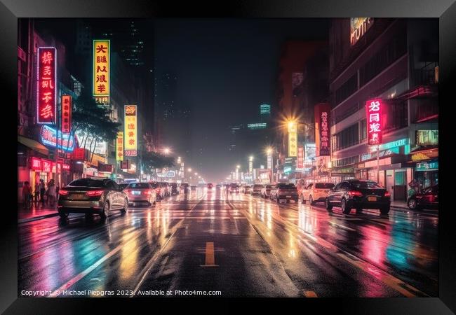 Nightlife in the big city created with generative AI technology. Framed Print by Michael Piepgras
