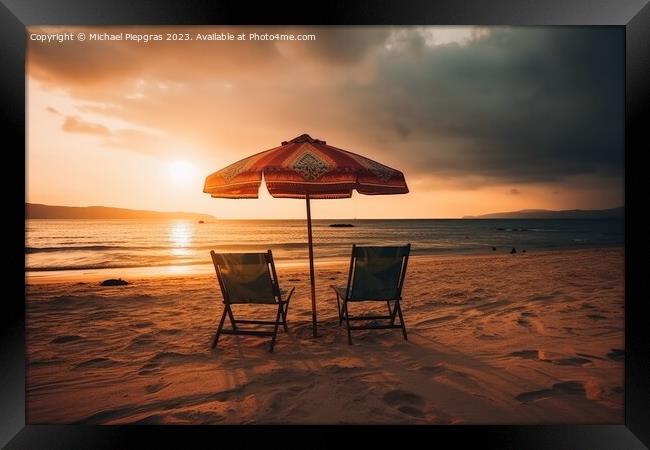 Two beach chairs and a little table with a colorful parasol dire Framed Print by Michael Piepgras