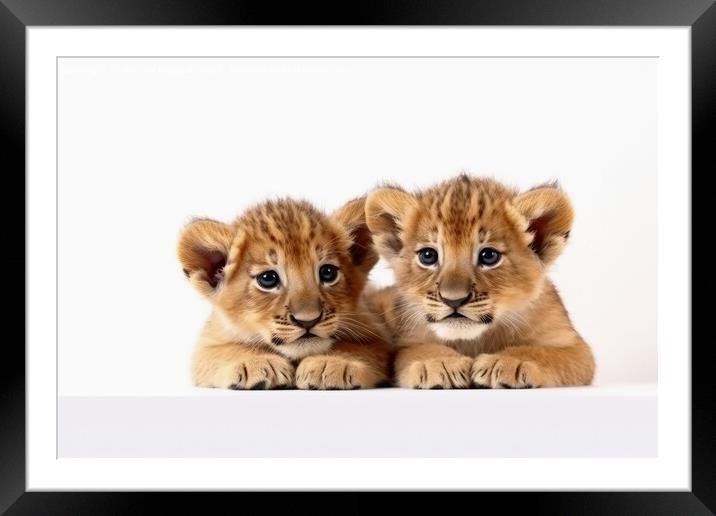 Two cute lion cubs on a white background created with generative Framed Mounted Print by Michael Piepgras