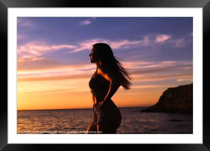 Attractive woman wearing a bikini at the beach during sunset cre Framed Mounted Print by Michael Piepgras