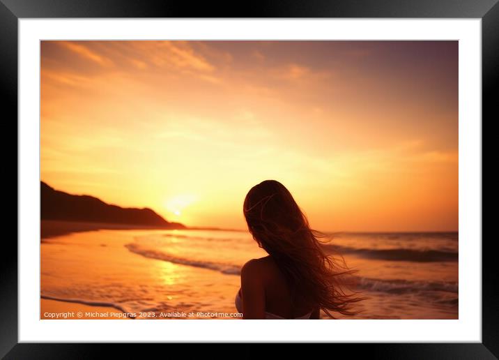 Attractive woman wearing a bikini at the beach during sunset cre Framed Mounted Print by Michael Piepgras