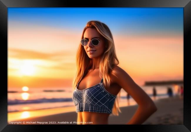 Attractive woman wearing a bikini at the beach during sunset cre Framed Print by Michael Piepgras