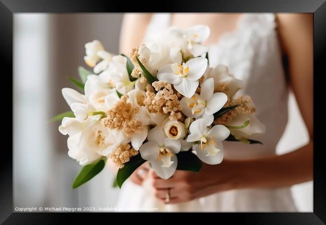 Close up of a bridal bouquet in the hands of a bride created wit Framed Print by Michael Piepgras