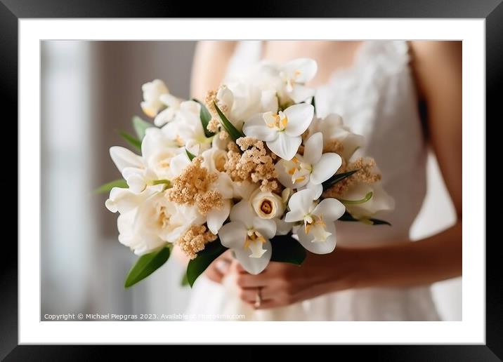 Close up of a bridal bouquet in the hands of a bride created wit Framed Mounted Print by Michael Piepgras