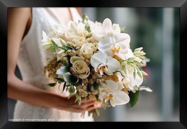 Close up of a bridal bouquet in the hands of a bride created wit Framed Print by Michael Piepgras