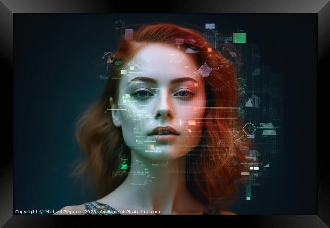 Stunning portrait of a futuristic womans face created with gener Framed Print by Michael Piepgras