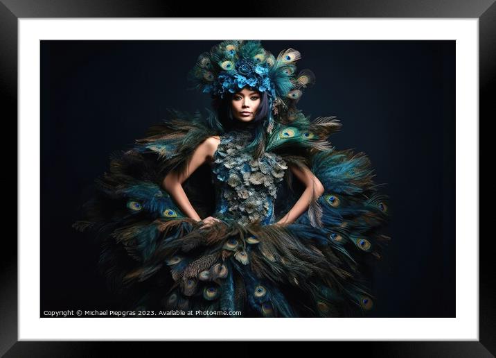 Woman wearing a surreal dress made of peacock feathers created w Framed Mounted Print by Michael Piepgras