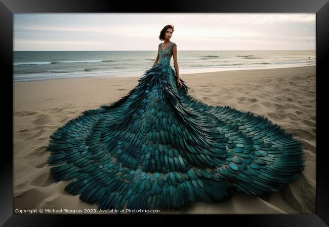 Woman wearing a surreal dress made of peacock feathers created w Framed Print by Michael Piepgras