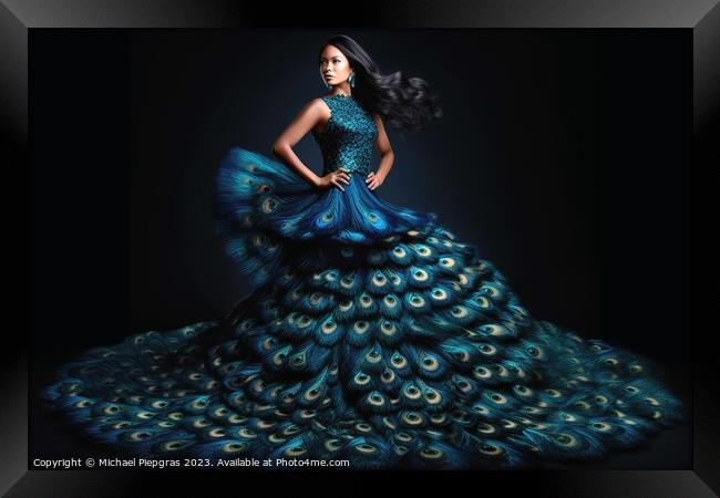 Woman wearing a surreal dress made of peacock feathers created w Framed Print by Michael Piepgras