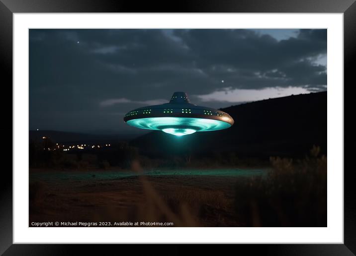 A close up view of a UFO with a spotlight pointed at the bottom  Framed Mounted Print by Michael Piepgras
